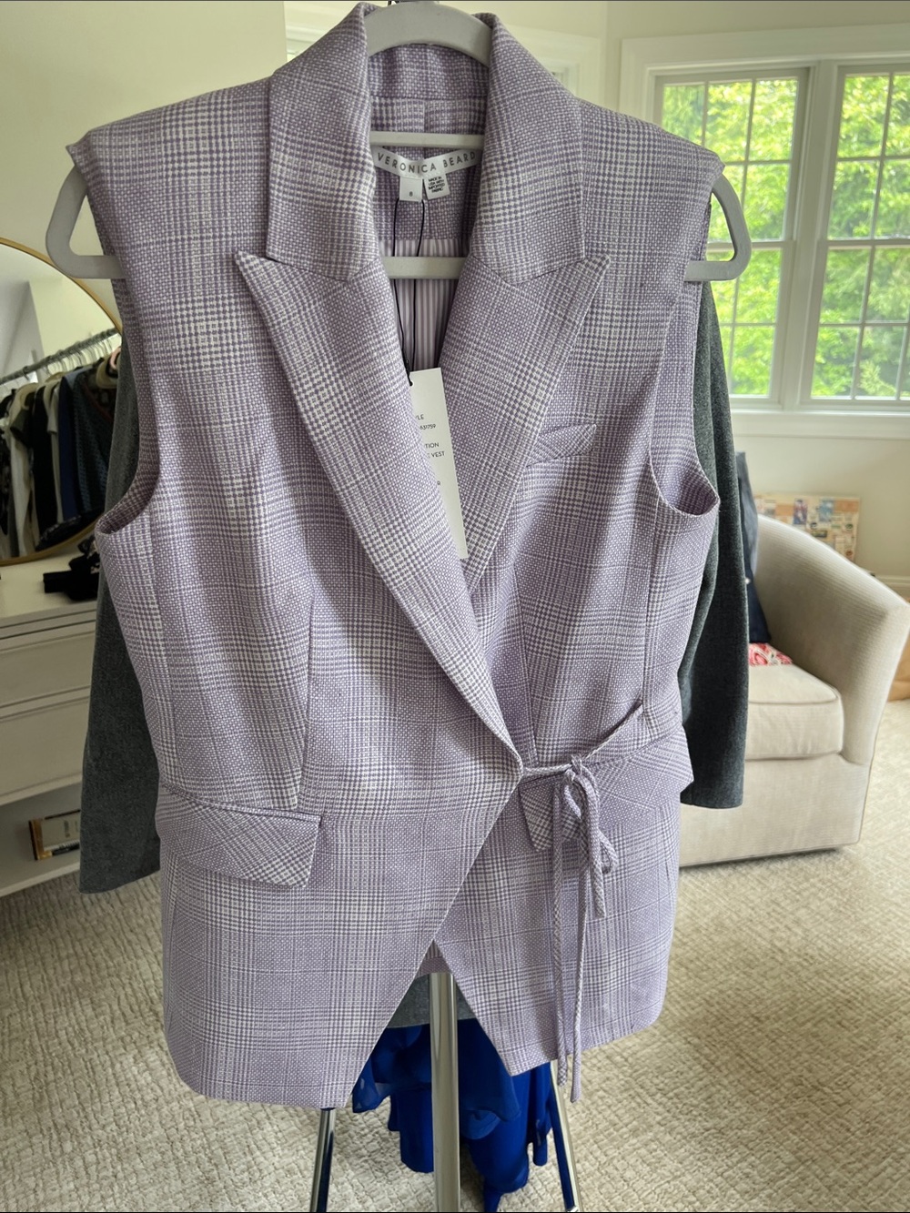 Veronica Beard Lavender Plaid Sleeveless Tailored Vest